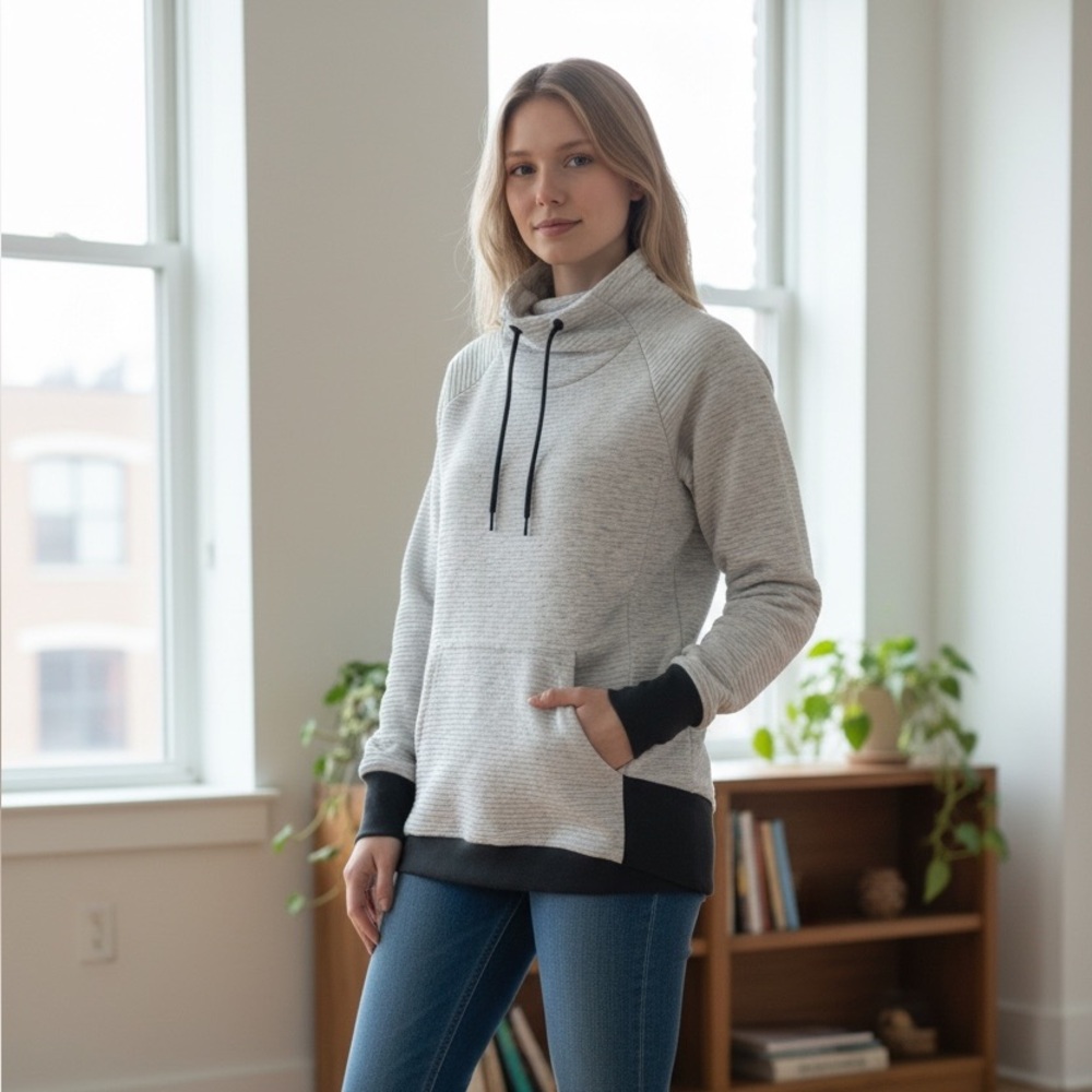 Stoic Women Small‎ Heathered Gray Black Cowl Neck Pullover Pocket Sweater